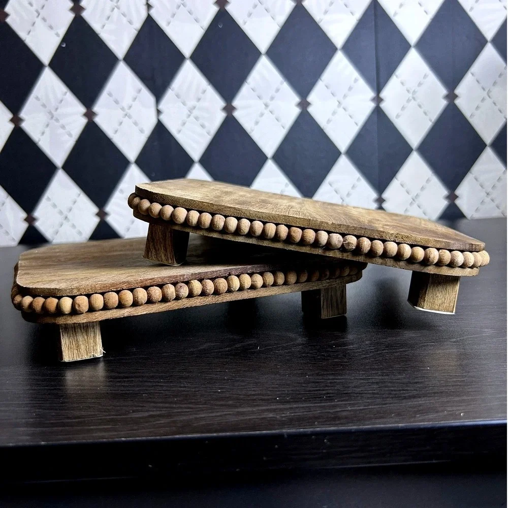 Pair Mango Wood Pedestal Risers with Beaded Edge Decorative Trivets